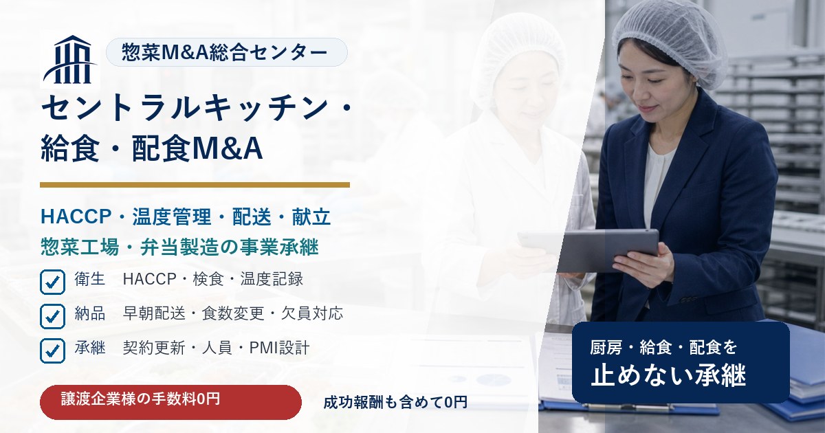 セントラルキッチン・給食・配食のM&AでHACCP、配送、献立、事業承継の論点を示す画像