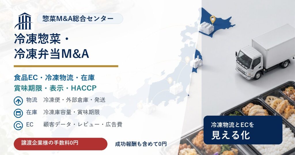 冷凍惣菜・冷凍弁当・食品ECのM&Aで冷凍物流、在庫、表示、事業承継の論点を示す画像