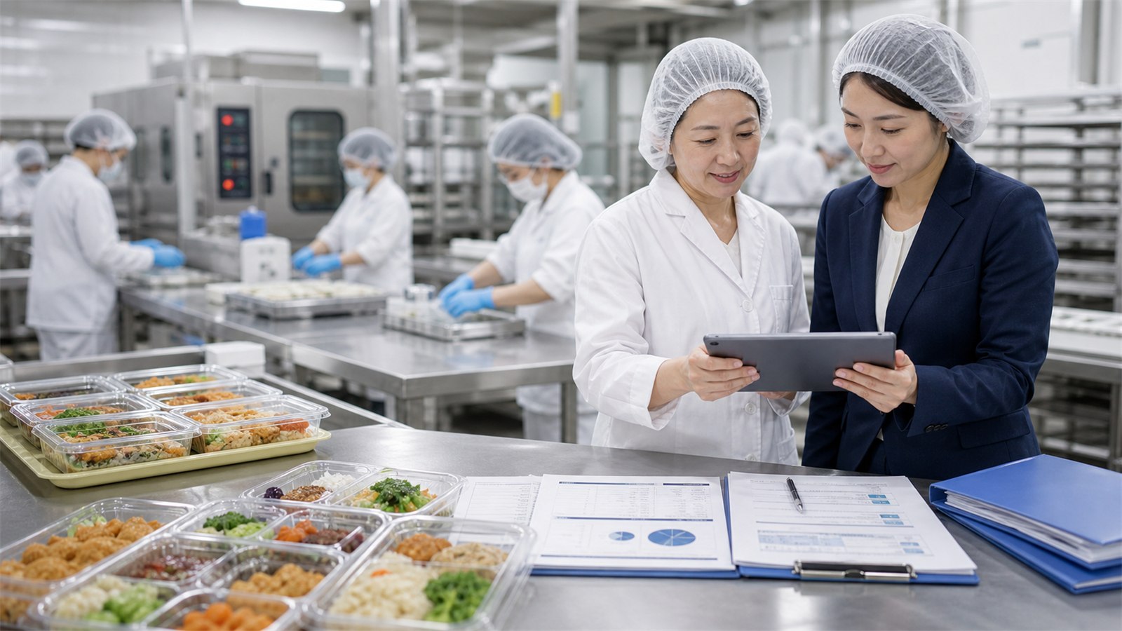 惣菜工場で帳票と製造工程を確認する様子
