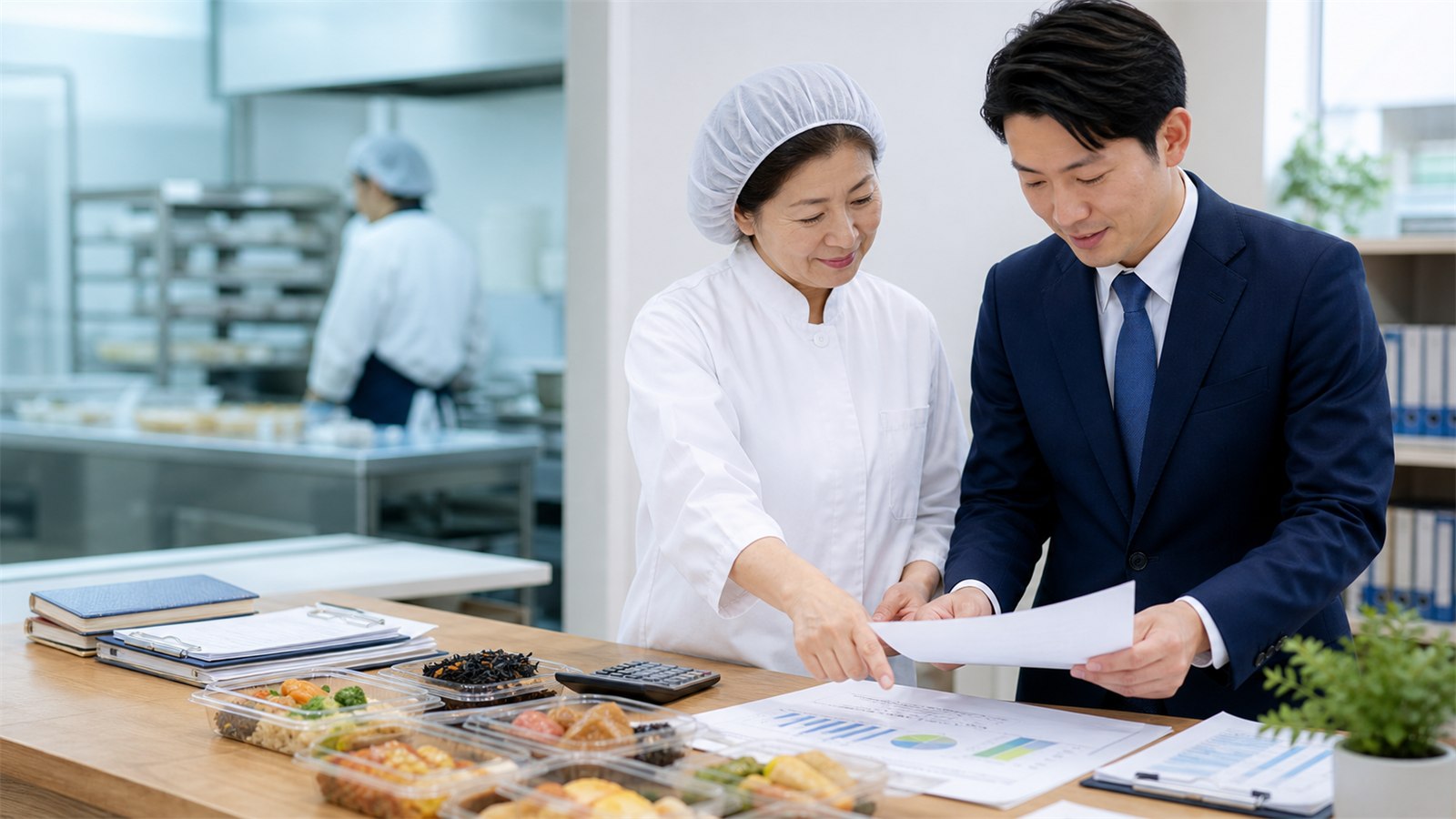 惣菜事業の帳票と商品サンプルを確認する様子