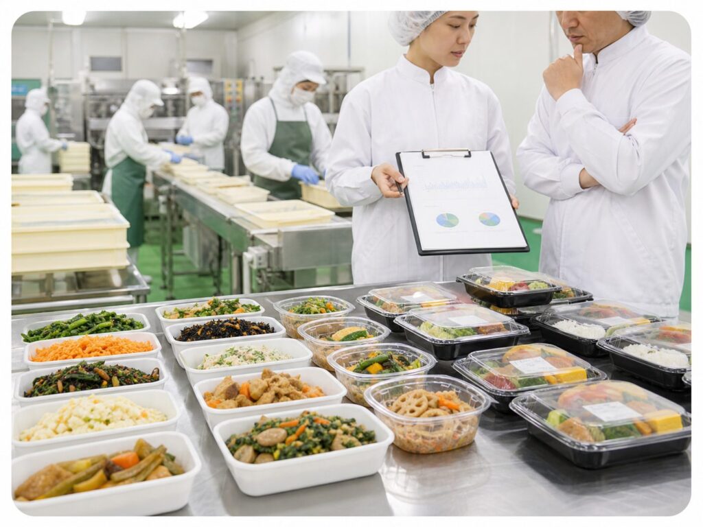 惣菜工場の製造工程と衛生管理を確認するイメージ