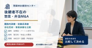 後継者不在の惣菜・弁当・食品工場M&Aで親族内承継、従業員承継、会社売却の論点を示す画像