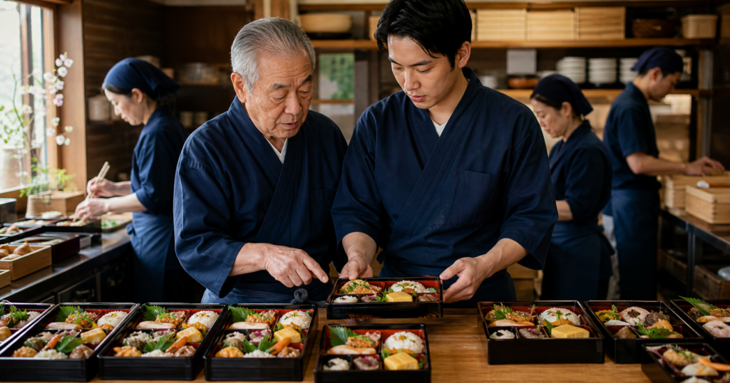 弁当の盛り付けを確認する二人と厨房で働く人々のイメージ
