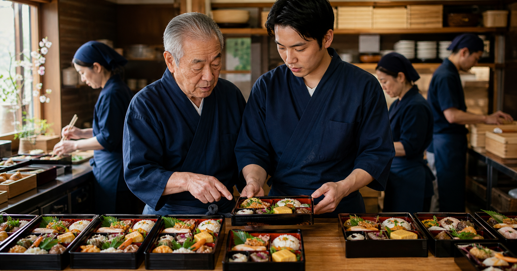 弁当の盛り付けを確認する二人と厨房で働く人々のイメージ
