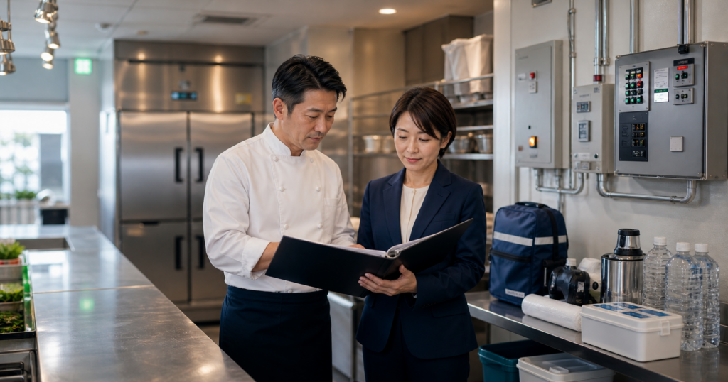 業務用厨房で、配電盤や備蓄品のそばで資料を確認する二人の説明用イメージ