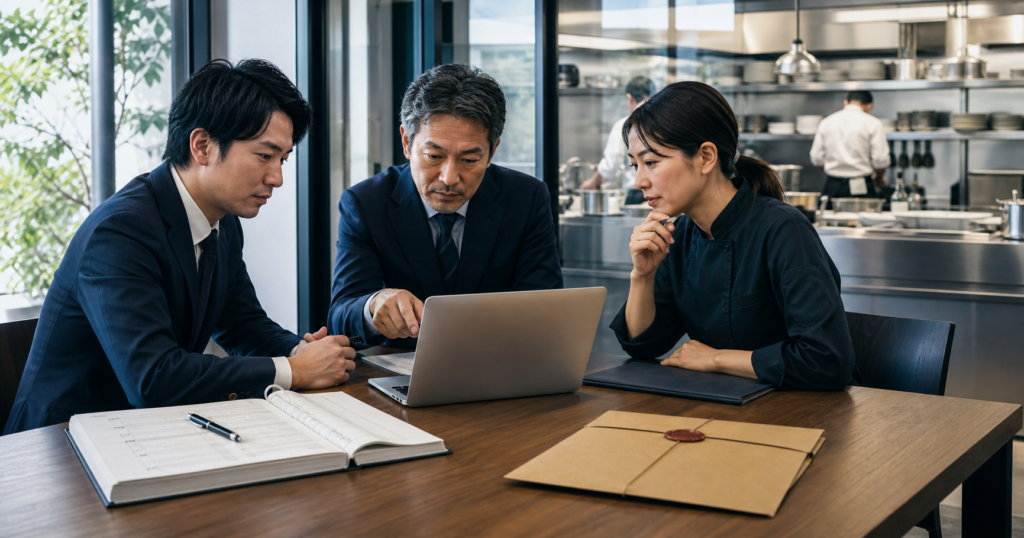 厨房に隣接するテーブルで、三人がノートパソコンと資料を確認する説明用イメージ