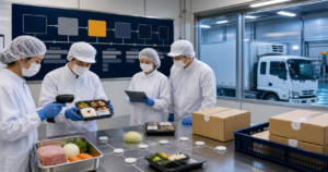 食品製造の現場で、弁当のバーコードとタブレットを確認する作業者の説明用イメージ
