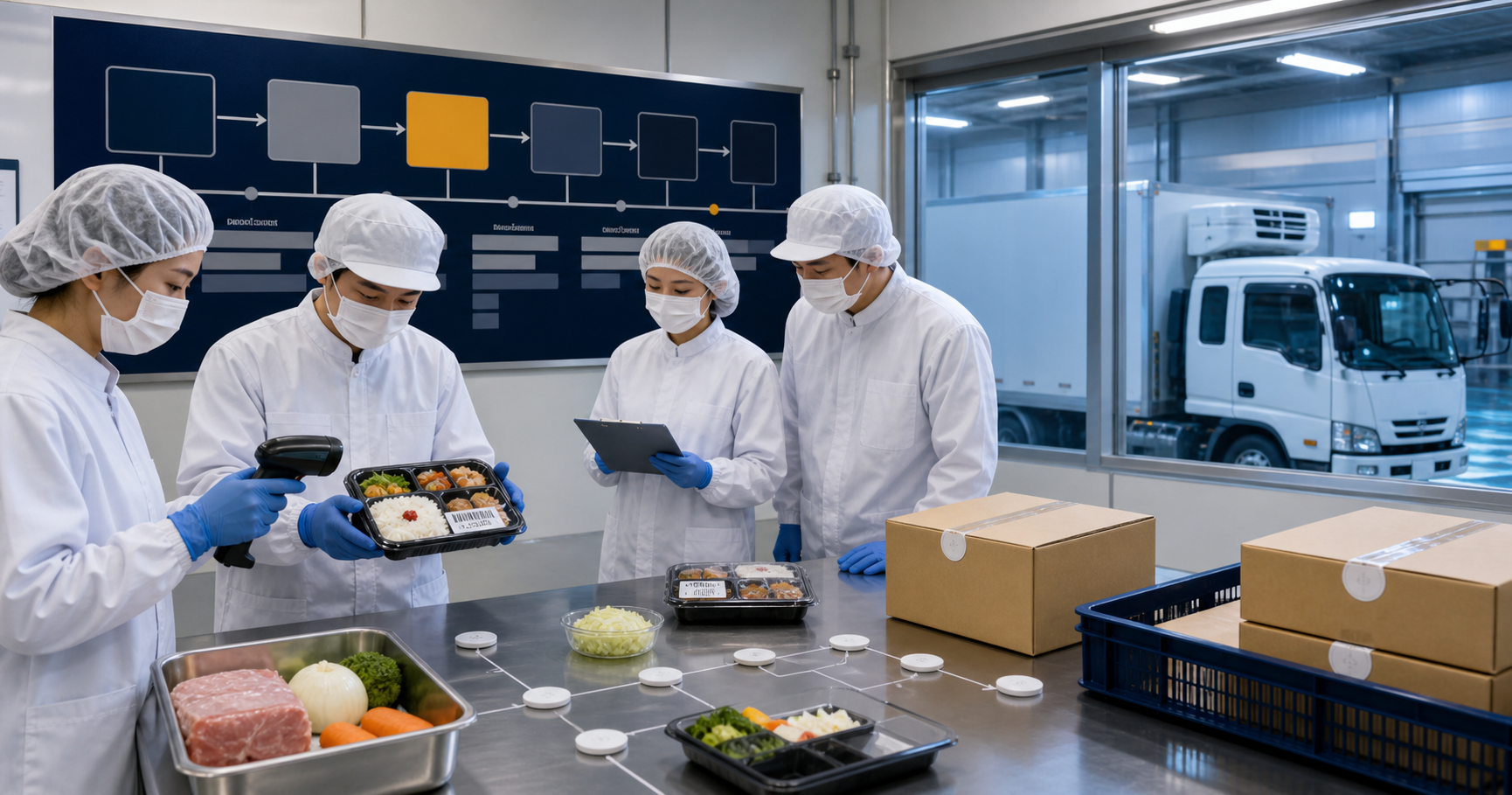 食品製造の現場で、弁当のバーコードとタブレットを確認する作業者の説明用イメージ