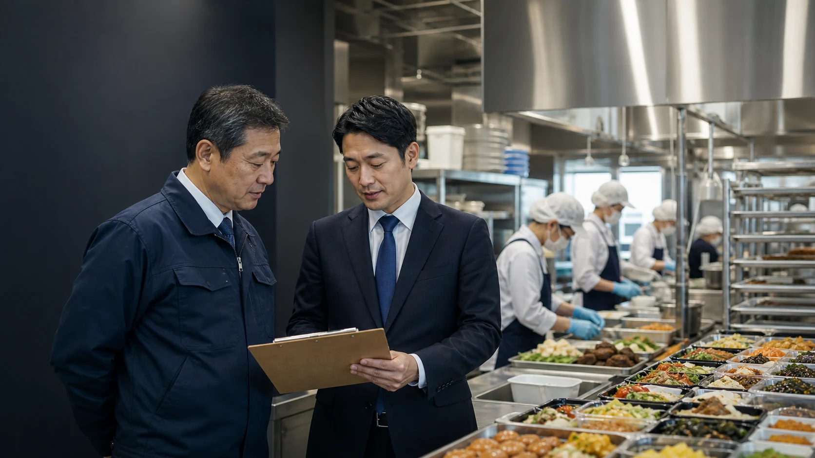 惣菜工場の経営者とM&A担当者が事業承継を相談するAI生成イメージ