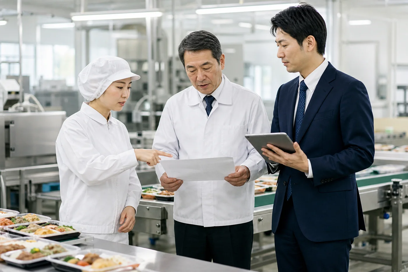 惣菜工場で製造責任者とM&A担当者が衛生・製造記録を確認する様子
