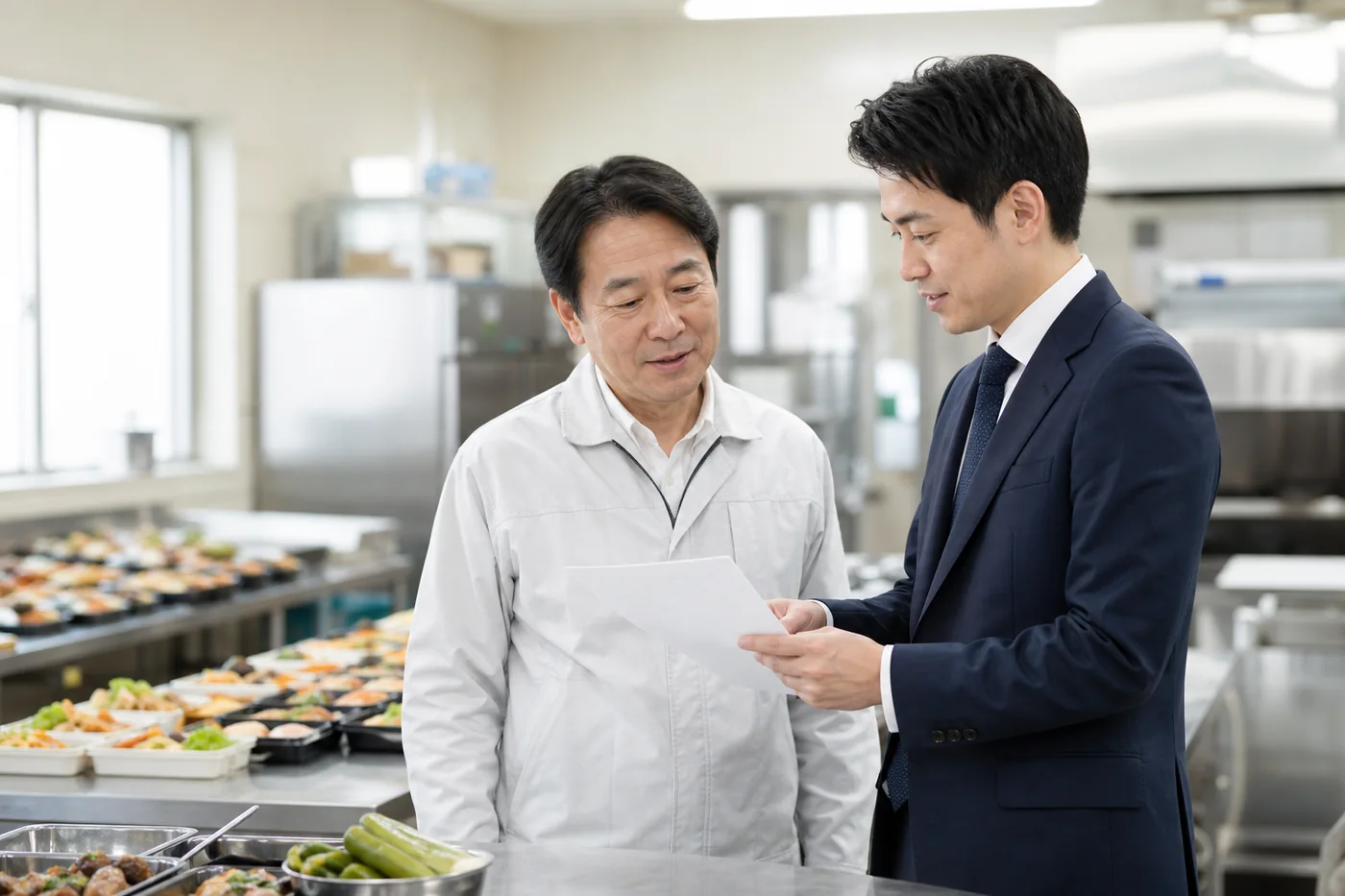 惣菜工場の経営者とM&A担当者が事業承継について相談する様子